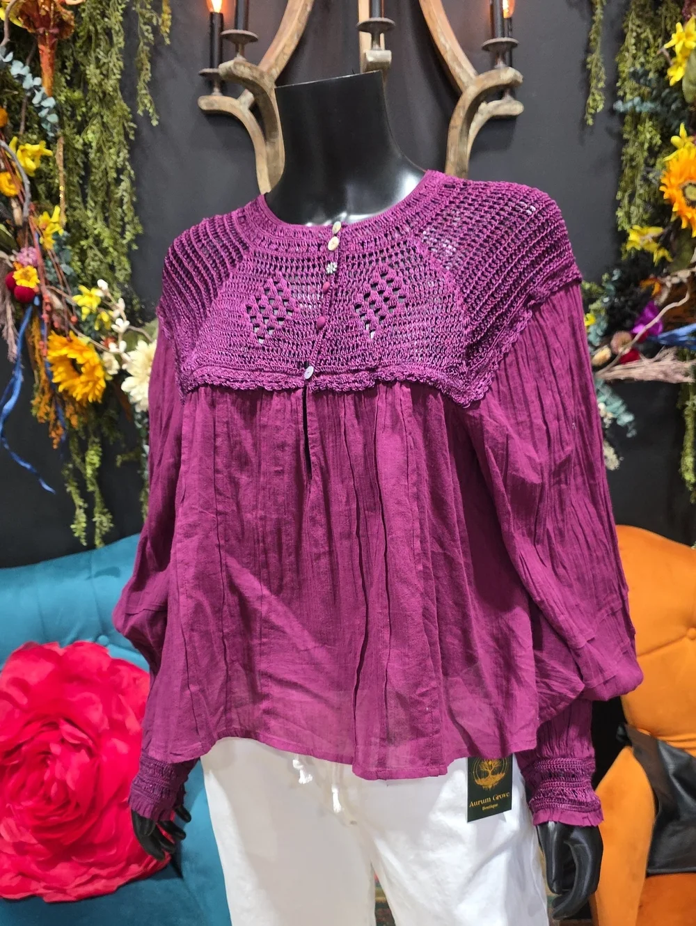 Free People Boho Crochet Yoke Blouse - Purple